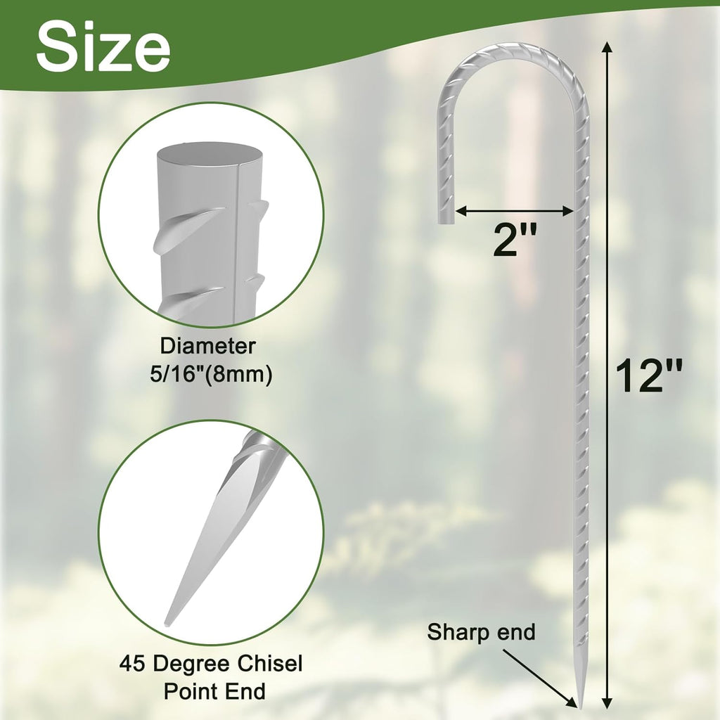 Rebar Stakes 12 Inch, 30 Pack Galvanized Metal Tent Stakes Heavy Duty Ground Stakes, J Hook Steel Fence Stakes for Ground, Outdoor Decoration, Wire Fencing, Gardening