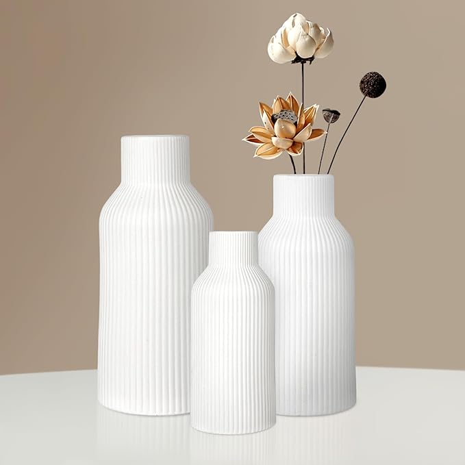 Ceramic Vase Set of 3, White Vase for Modern Home Decor, Decorative Vases for Bouquet Pampas Grass Dried Flowers, Living Room, Bedroom, Bathroom, Shelf Centerpiece Table Decorations