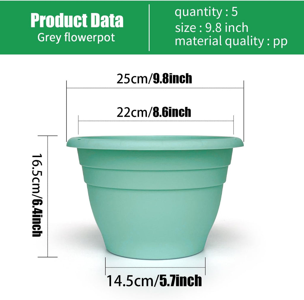 Plant Pots Set of 5, 10" Outside Diameter Flower Planter, 8.5" Inner Diameter Plant Planters with Drainage Hole, Durable Garden Pots Perfect for Indoor & Outdoor Plant Planting, Decor, Blue
