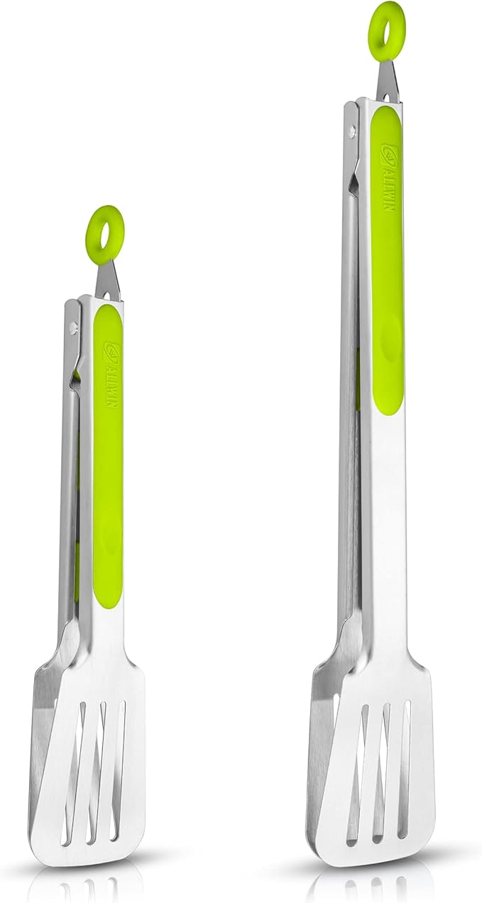 Premium 304 Stainless Steel Barbecue Turners, Heavy Duty Non-Stick BBQ Cooking Kitchen Tongs, 9" and 12" Green