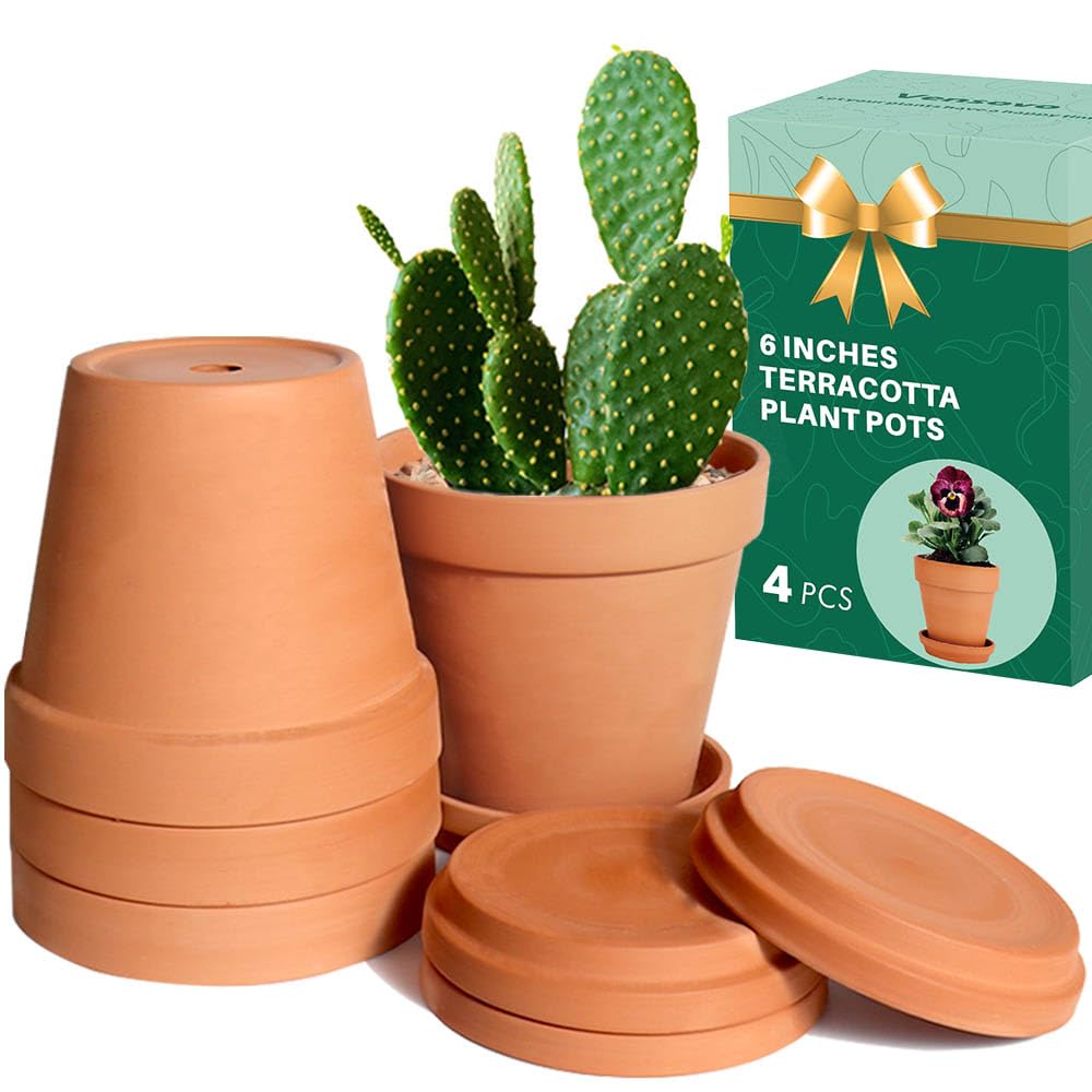 vensovo 6 Inch Terracotta & Clay Pots for Plant with Saucer, 4 Pack