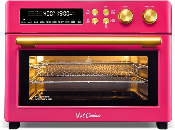 Limited Edition Happy Pink Infrared Heating Air Fryer Toaster Oven, Extra Large Countertop Convection Oven 10-in-1 Combo, 6-Slice Toast, Enamel Baking Pan Easy Clean with Recipe Book