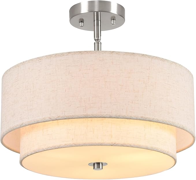 16" Semi Flush Mount Ceiling Light, Brushed Nickel 3 Light Double Drum Fabric Lampshade Lighting Fixtures for Living, Dining Room, Bedroom, Kitchen, Hallway (Canopy for Sloped/Flat Ceiling)