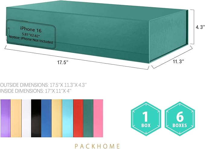 PACKHOME Extra Large Gift Box 17.5x11.3x4.3 Inches, Sturdy Shirt Box with Magnetic Lid for Clothes and Large Gifts (Glossy Dark Green)