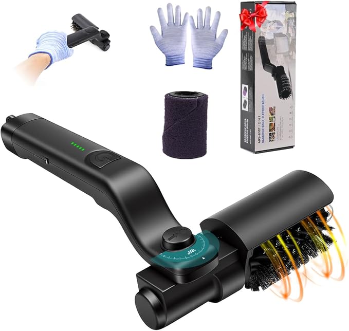 Automatic Electric Grill Cleaner - Rechargeable BBQ Brush w/Stainless Steel Head & Abrasive Replacement, Outdoor Grill Scraper Tool (Black)