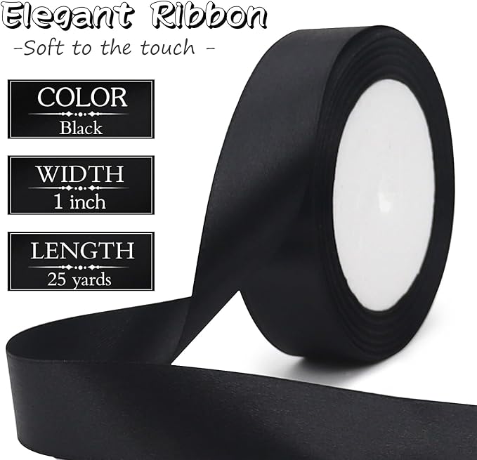 Black Solid Satin Ribbon 1 Inch 25 Yards Solid Polyester Fabric Ribbon for Gift Wrapping Wedding Christmas Baby Shower Birthday Party Decoration Handmade Immortal Flower Craft