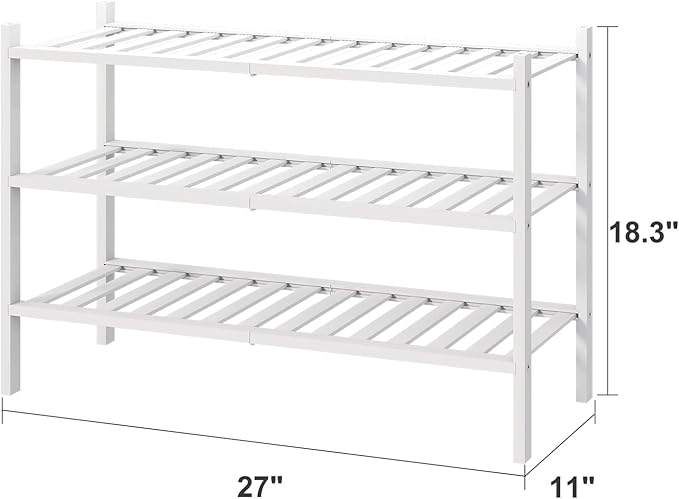White Shoe Rack, 3-Tier Bamboo Wood Shoe Rack for Closet, Entryway & Hallway, and Stackable Shoe Shelf Storage Organizer for Indoor and Outdoor