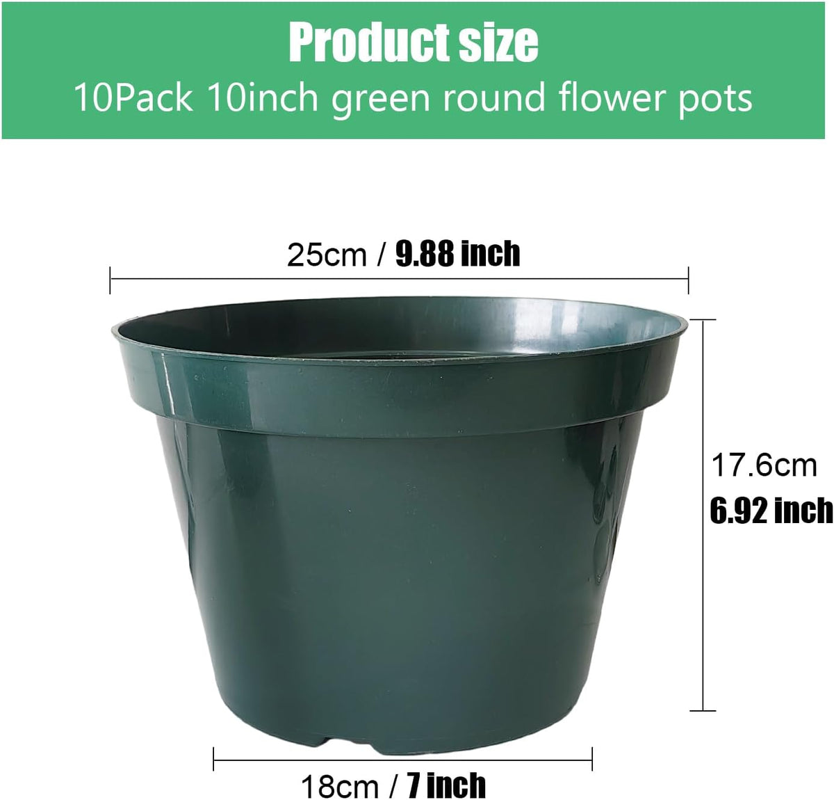 10 Pack Green Plastic Planter Pots, 10 Inch Thick with Multiple Drainage Holes, for Herbs, Strawberries, Flowers - Indoor/Outdoor