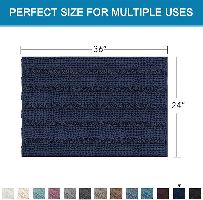 H.VERSAILTEX Bath Mats for Bathroom Non Slip Extra Thick Chenille Striped Bath Rug 24" x 36" Absorbent Non Skid Fluffy Soft Shaggy Rugs Washable Dry Fast Plush Mats for Indoor, Bath Room, Tub - Navy