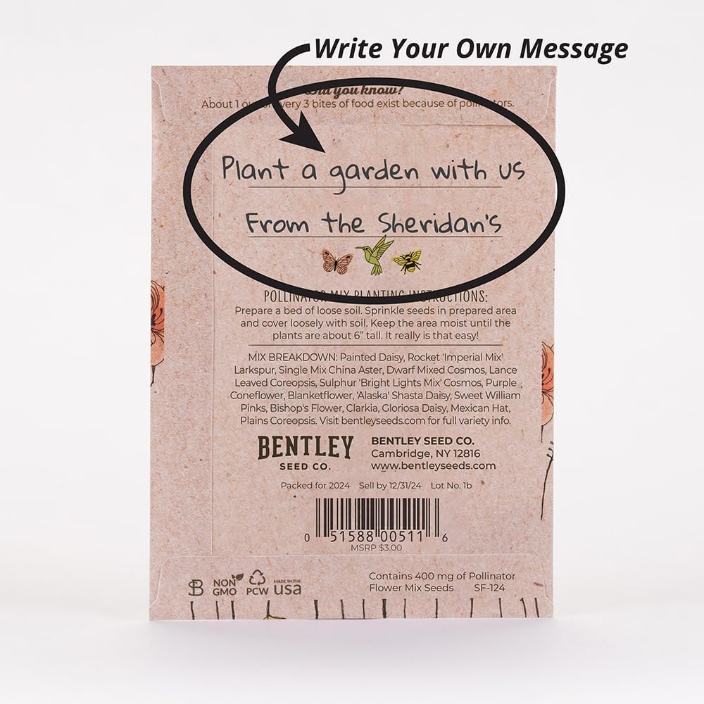Bentley Pollinator Mix - Pre-Filled, Non-GMO, Non-Coated Butterfly Packets - 25 Annual Wildflower Seeds - Perfect Eco-Friendly Gift