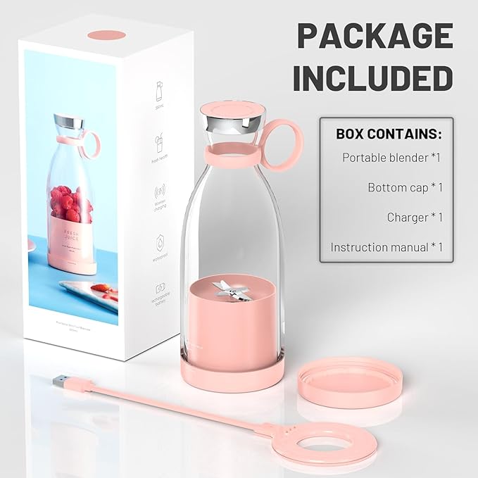 OTPEIR Portable Blender for Shakes and Smoothies with 11.83 Oz Travel Cup and Lid,Durable Stainless Steel Blades for Juice Blending Performance, Pink