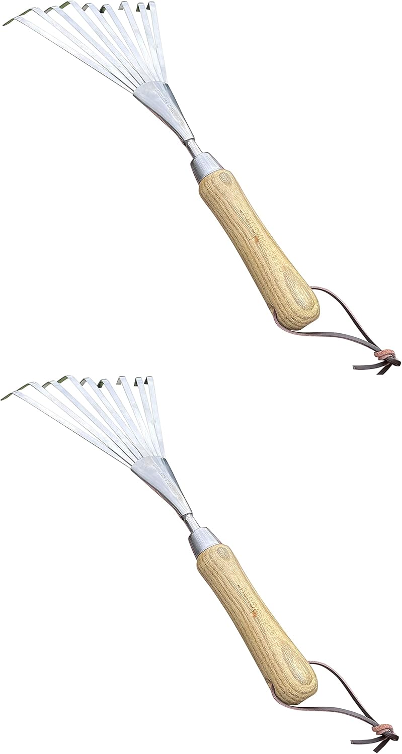Garden Guru Eco Hand Rake Soil Tiller- 100% Recycled Stainless Steel - Rust Resistant - FSC Certified Wood Ergonomic Handle - Great for Gardening Cultivating Loosening Soil & Spreading Mulch (2 Pack)