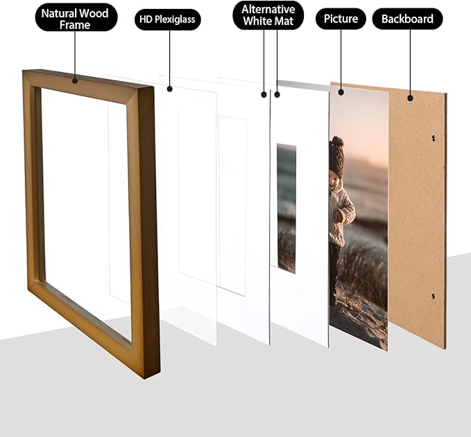 KINLINK 8x10 Picture Frame Brown, Solid Wood Frames with Acrylic Plexiglass for Pictures 4x6/5x7 with Mat or 8x10 without Mat, Tabletop and Wall Display Photo Frame, Set of 4
