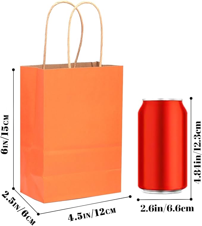 qiqee 24 Pcs Orange Mini Paper Gift Bags with Handles 6"x4.5"x2.5" Small Brown Kraft Party Favor Bags Treat Bags Multiple Uses (Mini size)
