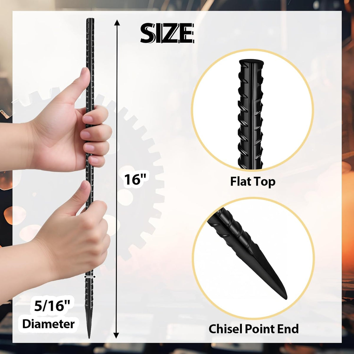 16 inches Rebar Stakes 24-Pack Straight Metal Stakes Heavy Duty 5/16" Diameter Ground Stake for Tent, Fence, Landscaping, Concrete Forming, Outdoor Decoration and Plant Support