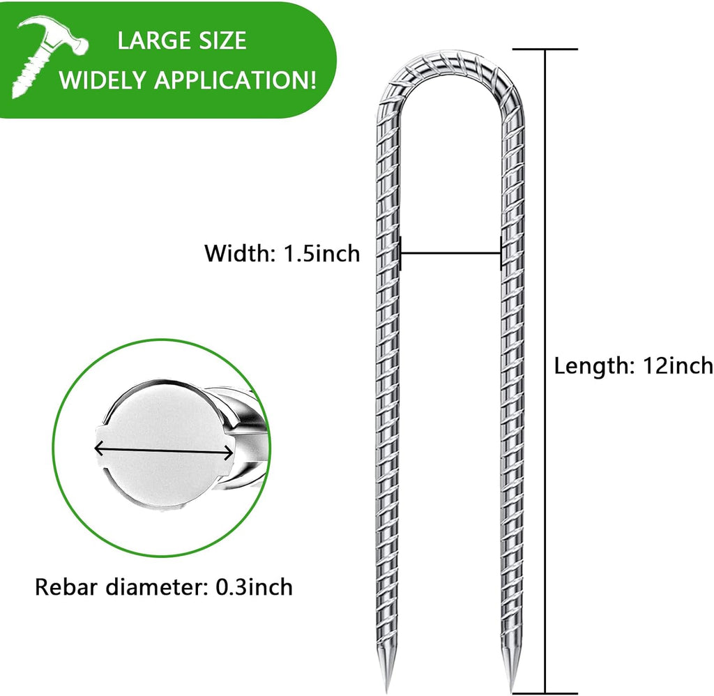Rebar-Stakes-12-Inch-Galvanized, U Hook Trampoline Stakes 10 Pack Ground Anchors Tent Stakes Heavy Duty for Plants Anti-Rust Landscape Fabric Stakes Artificial Turf