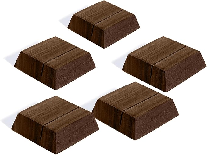 UNIQOOO 12 Pack Trapezoid Walnut Wood Stand |1.2mm Slot for Cardstock, Wedding Table Numbers Holders, Photo Holder, Photo Display Stand for Event Decor, Retail Shop, Cafe Restaurant Menu, Business Card, Name Tag