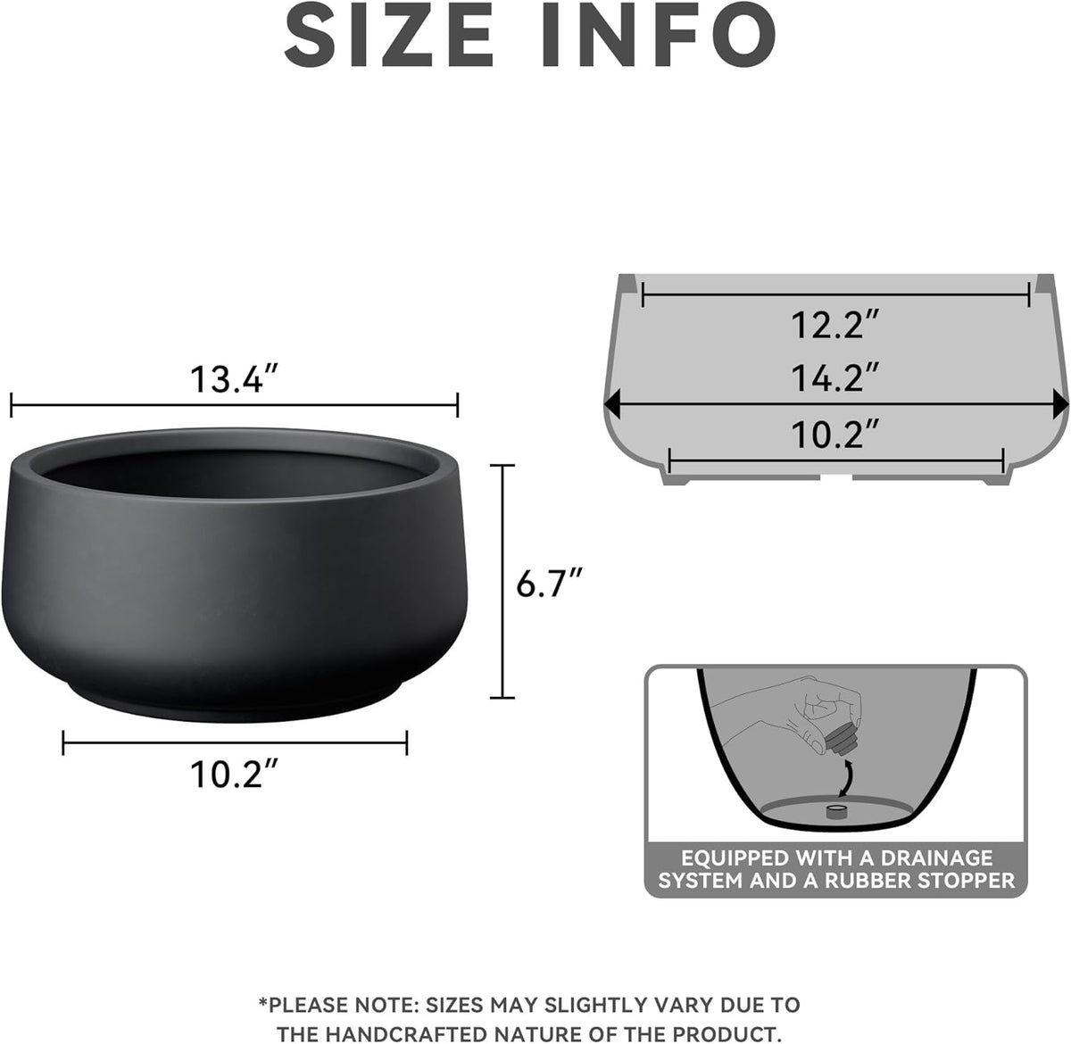 Kante 13.4" Dia Round Curvy Concrete Planter, Large Plant Pots with Drainage Hole and Rubber Plug for Indoor Outdoor Plants, Flower Pot for Home Garden Patio Porch, Black