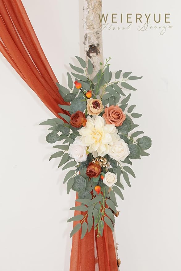 Artificial Wedding Arch Flowers Kit(Pack of 3),2Pcs Artificial Flower Arch Decor,1Pcs Sheer Drape for Wedding Ceremony Arbor for WeddingCeremony (Burnt Orange Wedding)