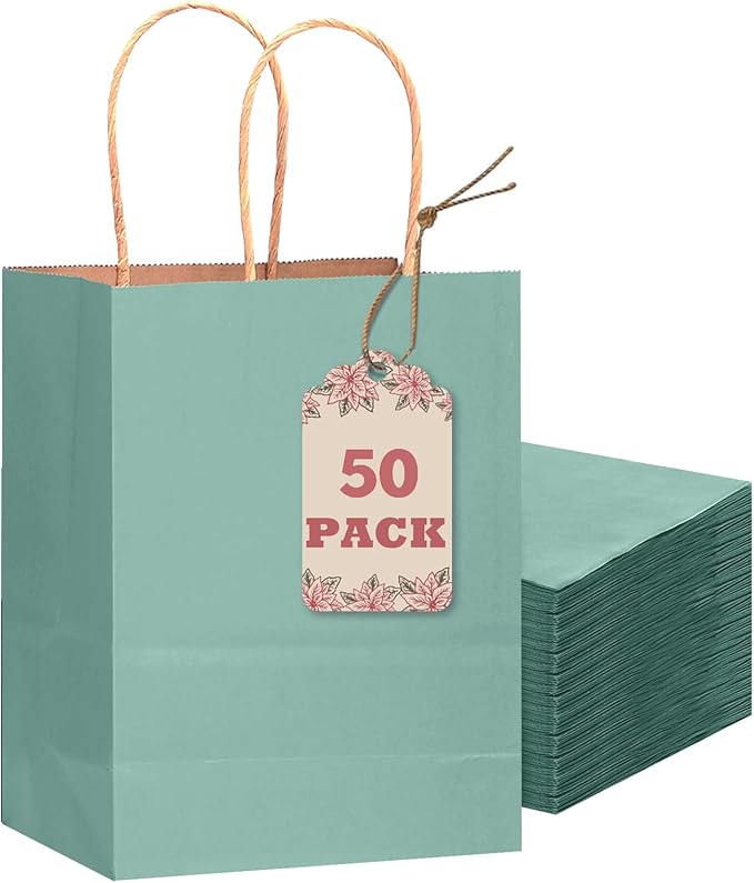 qiqee 50-Packs Gift Bag with Handles Bulk Kraft Light Blue Paper Bags Multiple Uses (8.3"x3"x6"inch Small Size)