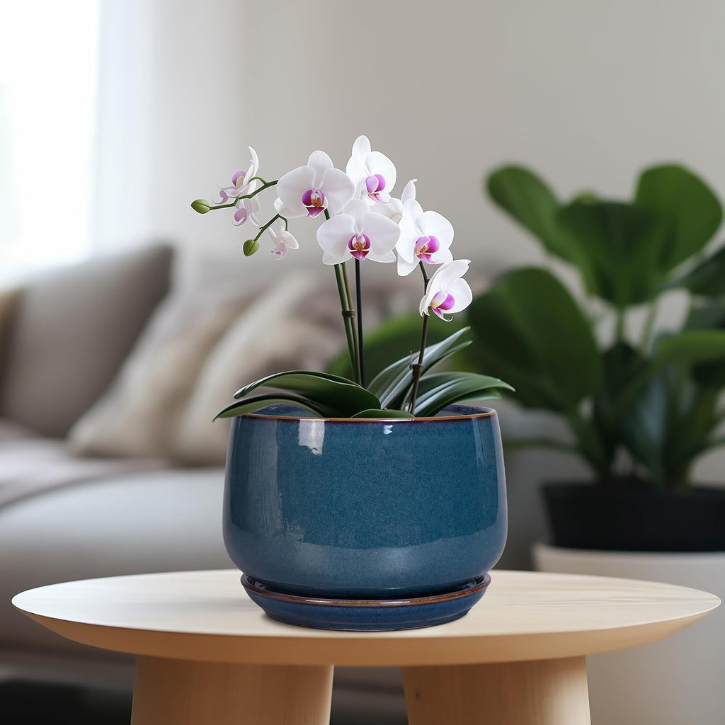 G EPGardening Ceramic Pot for Plants - Modern 7 Inch Round Planter with Drainage and Tray Indoor Outdoor for Flower, Porch Decor, Gardening Gifts, Retro Blue