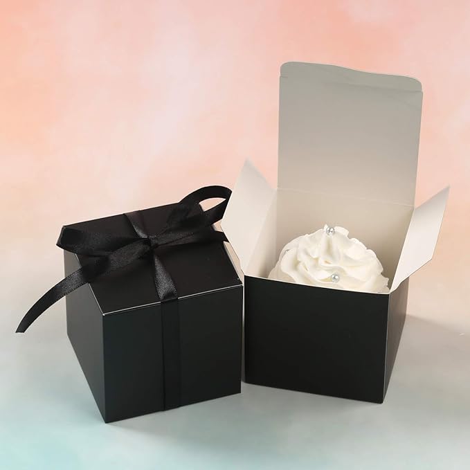 COTOPHER 60pcs Wedding Favor Boxes, Paper Gift Boxes 3x3x3 Inches Small Gift Boxes with Ribbons, Easy Assemble Boxes (Black)