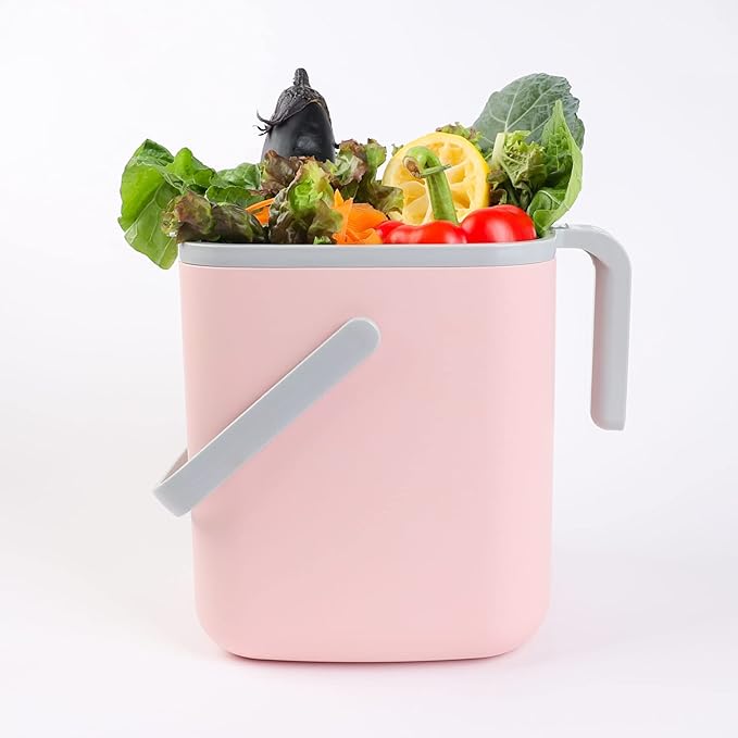 BLUE GINKGO Kitchen Compost Bin [5L / 1.32 GAL] – Filter-Free, Odor-Tight Countertop Food Waste Pail with Handles (Made in Korea, Pink)