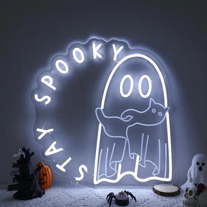 Ghost holding a cat Stay Spooky Neon Sign, Funny Halloween Party Wall Decor, Spooky Season Room Sign for Boo Wall Decor Neon Light for Bar Man Cave Home Yard Decoration Funny Spooky Vibes-White