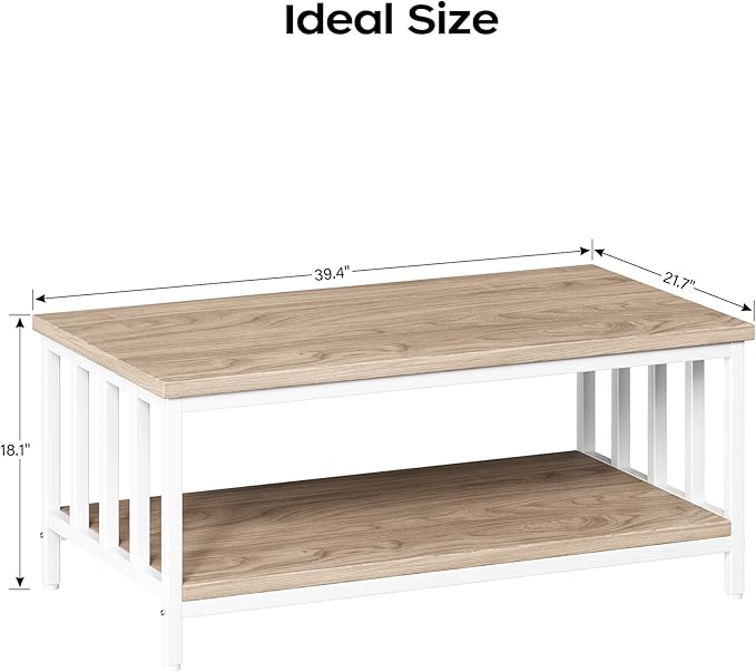 Coffee Table for Living Room with Slatted Sides Frame, Modern Farmhouse Living Room Table with 2-Tier Storage Shelf for Home Office, Apartment, 39 inch, Light Coffee