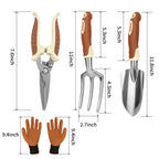Patioland Brown Garden Tool Set 4-Piece, Trowel, Fork, Pruning Shear&Gloves
