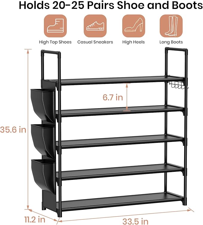 5 Tier Shoe Rack with Hook and Side Pocket,Shoe Organizer Space Saver Storage for 20-25 Pair Shoe Storage Shelf Sturdy Free Standing Long Shoe Rack Organizer for Closet,Entryway,Small Spaces