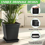 BTPLASTIK Plant Pots 10 Inch Set of 5, Large Square Plastic Planter with Drainage & Saucer, 5 Gallon Thick Outdoor Garden Pots Container for Outdoor Indoor, Flower Pots Planters