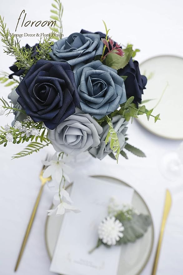 Floroom Artificial Flowers 25pcs Real Looking Blue Ombre Colors Foam Fake Roses with Stems for DIY Wedding Bouquets Bridal Shower Centerpieces Floral Arrangements Party Tables Home Decorations