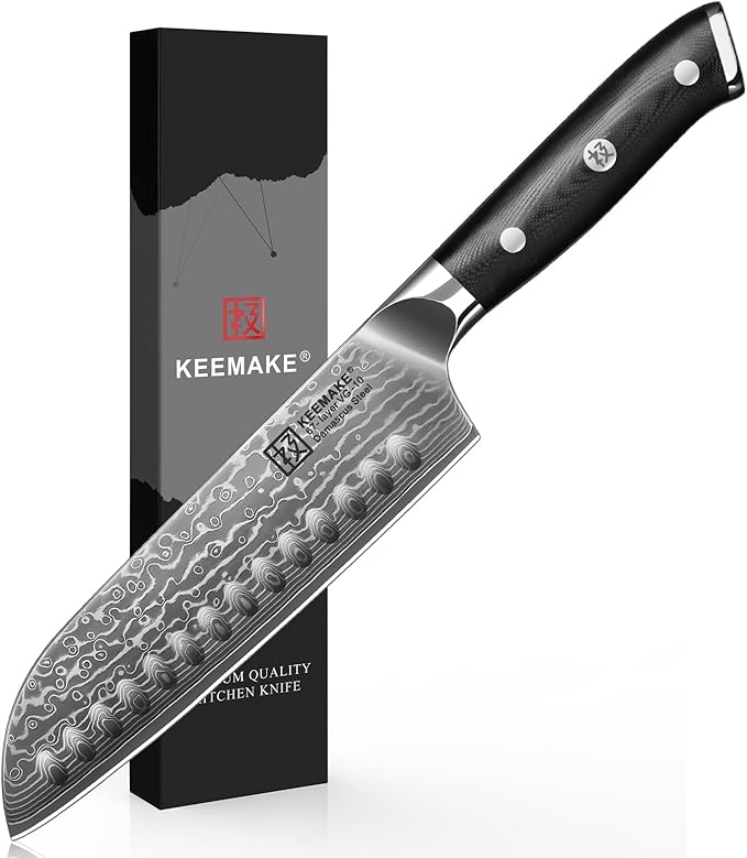 KEEMAKE Santoku Knife 7 inch, Ultra Sharp Damascus Kitchen Knife with Ergonomic Handle, 67-Layer Damascus Steel Knife, Japanese Chef Knife for Sushi Sashimi, Chopping Knife for Fruit Vegetable Meat