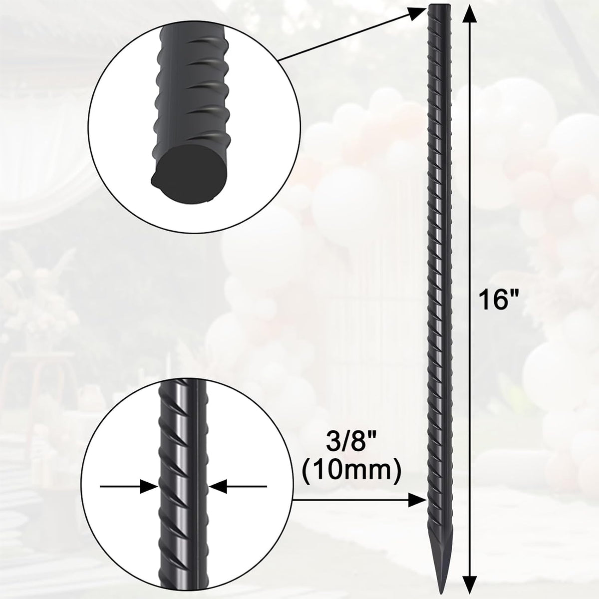 16 Inch Rebar Ground Stakes 20 Pack 3/8 Inch Diameter Straight Metal Stakes for Ground Heavy Duty with Chisel Point End Concrete Forming Spikes for Plant Support and Fence, Black