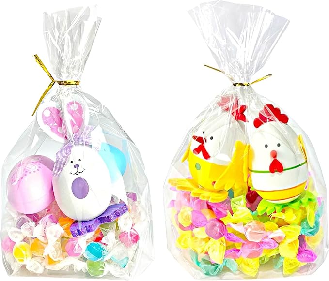 PigPotParty Cellophane Treat Bags 7"x10", 100 Pack Clear Goodie Bags, 3.2" Bottom Gusset for Stand-Up Display, Small Plastic Gift Wrap for Cookies, Candy, Party Favors, Popcorn, Includes 100 Ties