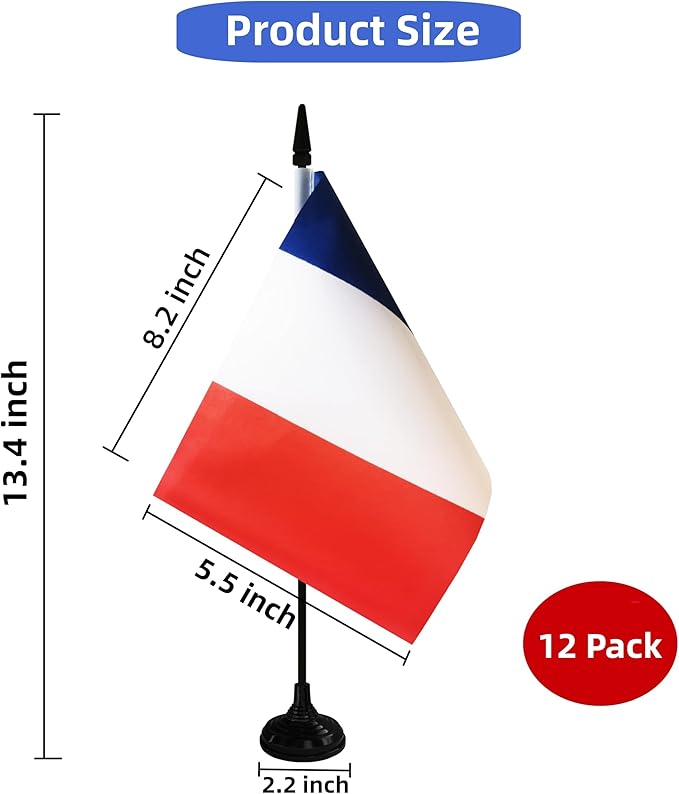 France Desk Flag, 12 Pack French Table Office Flag with Black Solid Pole and Stand Base, International Country Flag, Festival Celebration, Classroom Meeting Desktop Decor (France)