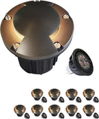 MALORY Brass Top Cover Landscape Well Lights,(6''H) 12V Low Voltage Outdoor In Ground Lights,Landscape Lighting for Pathway, Driveway and Garden (Two-Direction Turret, 10-Pack with Bulb)