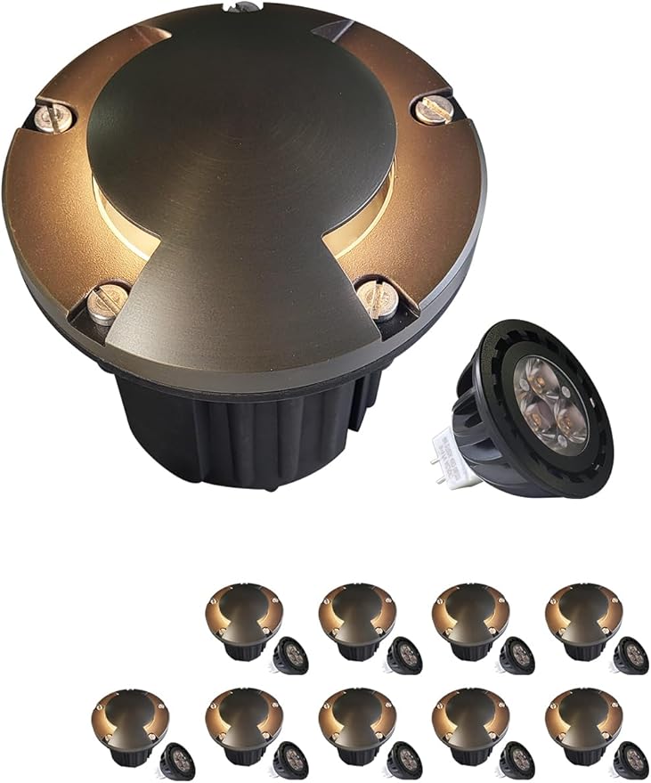 MALORY Brass Top Cover Landscape Well Lights,(6''H) 12V Low Voltage Outdoor In Ground Lights,Landscape Lighting for Pathway, Driveway and Garden (Two-Direction Turret, 10-Pack with Bulb)