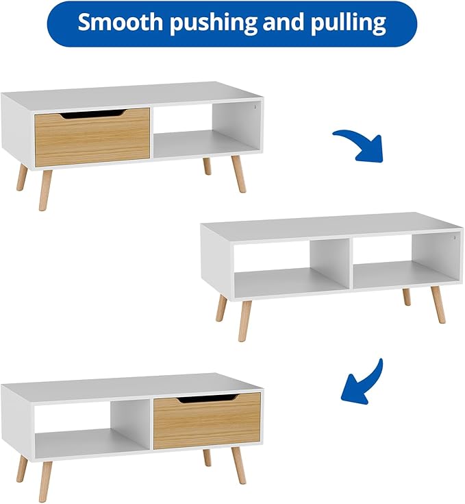 Cozy Castle Modern Coffee Table, Wooden Cocktail Table with Storage, Minimalist Hallway Table, Mid Century Modern Coffee Table for Living Room Apartment Reception, White
