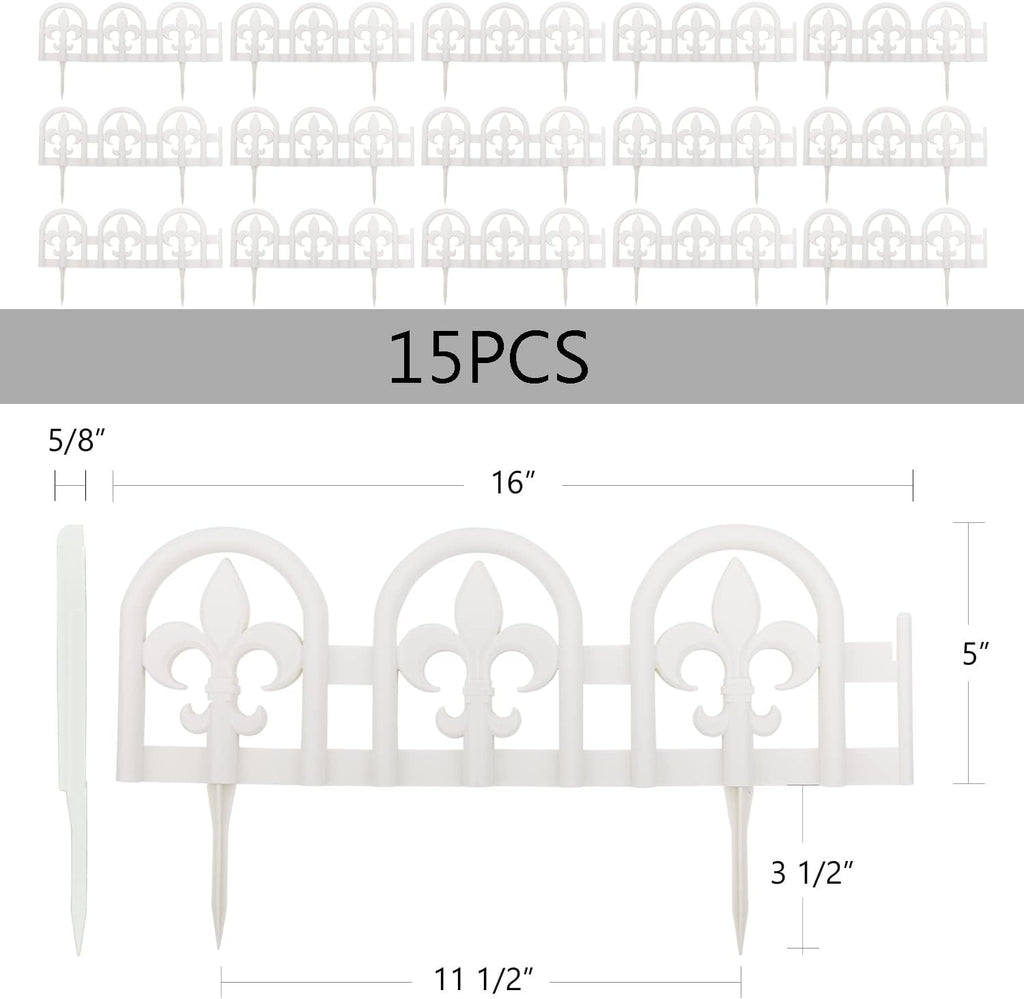 Evelyne White Garden Border Plastic Edging: Wrought Iron Design - 15pcs White Yard Landscaping Fence Liner Lawn Edge Barrier - 20ft Kit of Decorative Lawn Landscape Panels Elements