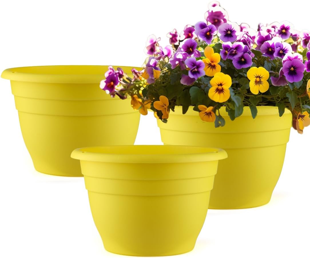 3 Pack 11 Inch Plant Pots with Drainage Hole and Plug, Durable Plastic Flower Pots for Indoor & Outdoor Plants, Elegant Mordern Plant Pots Perfect for Herbs, Flowers & Succulents, Yellow