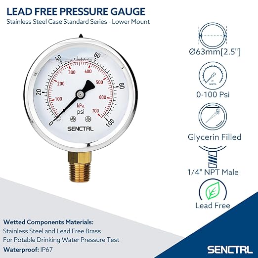SENCTRL 100 Psi Lead-Free Glycerin Liquid Filled Low Pressure Gauge, 2.5" Dial Size, 1/4" NPT Lower Mount, Stainless Steel Case, for Home Potable Water Pump, Air, Well, RV Hose, Pressure Test