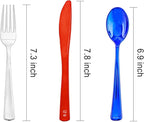NOCCUR 180PCS Independence Day Silverware - 4th of July Tricolor Plastic Cutlery - Include 60 Red Knives, 60 Silver Forks, 60 Blue Spoons - Ideal for Independence Day