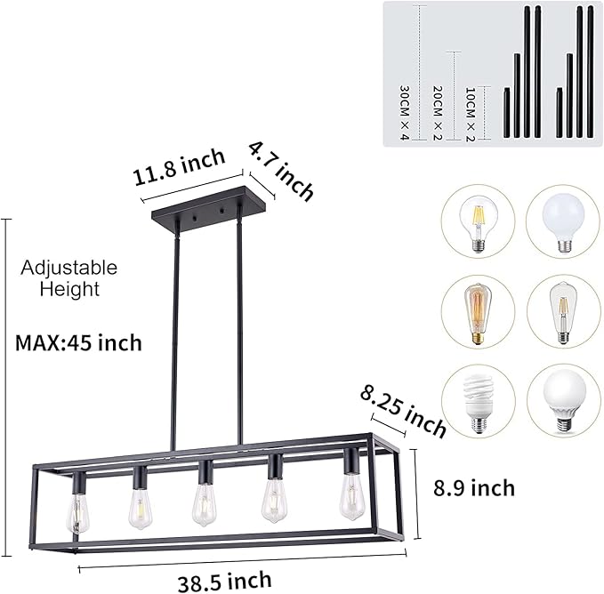 Kitchen Light Fixtures Dining Room Light Farmhouse Rectangle Chandeliers for Dining Rooms, Light Fixture Matte Black 5-Light Industrial Pendant Lighting