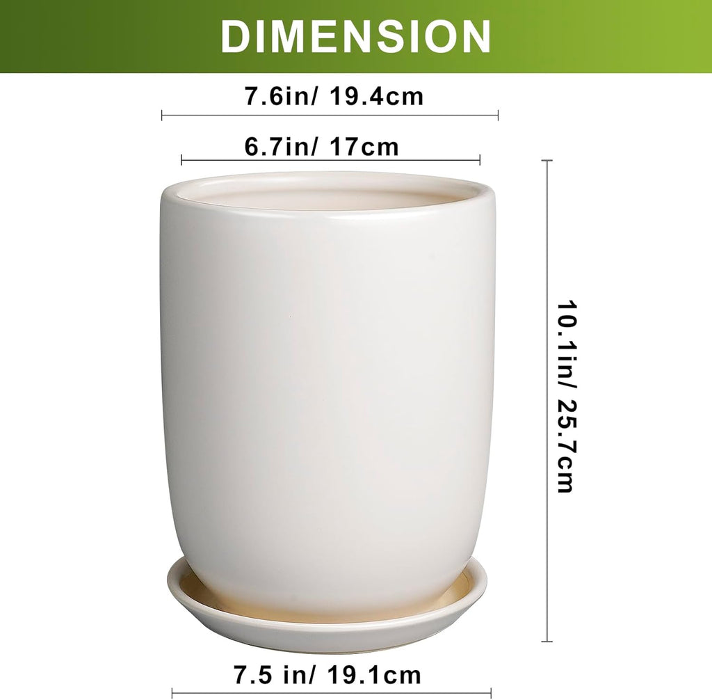 Plant Pot 8 Inch - Ceramic Planter for Indoor Plants Outdoor, Large Plant Pot with Drainage Hole and Saucer, Modern Flower Pot, White