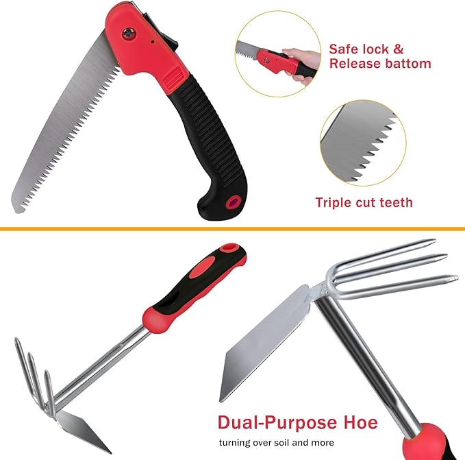 Red Gardening Tools, WisaKey 9 Piece Stainless Steel Heavy Duty Garden Tools with Non-Slip Ergonomic Handle, Garden Tote Bag, Garden kit, Gardening Gifts for Women and Men