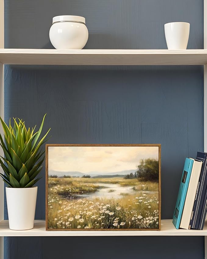 InSimSea Framed Canvas Wall Art Vintage Decor, Farmhouse Wall Decor for Living Room Bedroom Office Bathroom, Spring Landscape Wildflower Field Oil Painting Prints, Home Desk Decorations, 12x16inch
