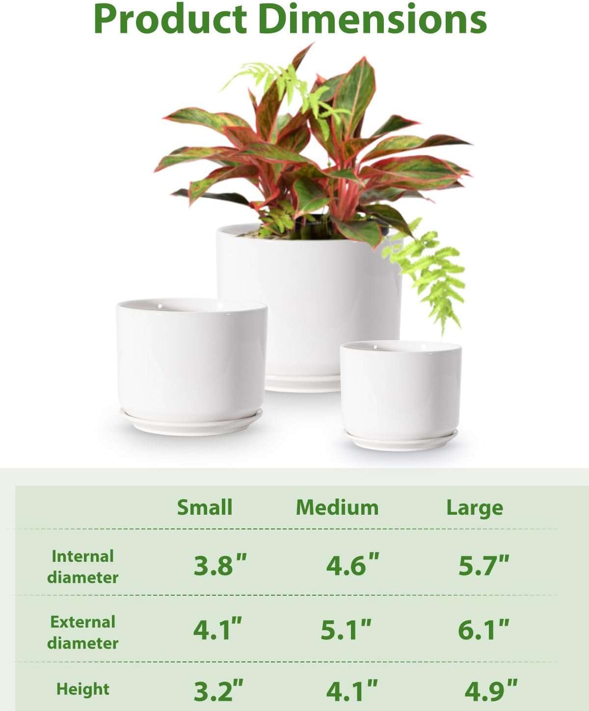 EFISPSS Plant Pots, 4+5+6 Inch Pots for Indoor Plants, Ceramic Planter Pot with Drainage Hole, Flower Pots for Succulent Cactus, Set of 3 - White