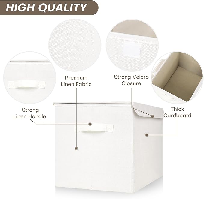 Large 22 Quart Linen Fabric Foldable Storage Bin Cube Organizer Basket with Flip-Top Lid & Handles, Clothes Blanket Box for Home, Office, Closet, White, 4 Pack 14.6 x 9.5 x 9.5”